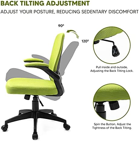 Office Masters Office Chair - Ergonomic Swivel, Folding Arm Rests - Adjustable Height & Mesh Back for Posture & Lumbar Support - Heavy-Duty Computer Desk Seat for Home, Work & Gaming (Green)