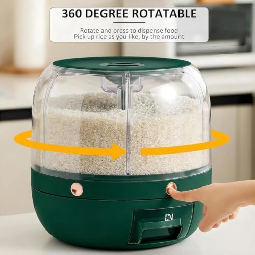 Image of Rotating Grain Dispenser for Kitchen | Multi-Compartment Food Storage Container with 6 Sections | 360 Dry Food and Cereal Organizer for Rice, Pulses, Cereal, Flour, Grains, Seeds (Green)
