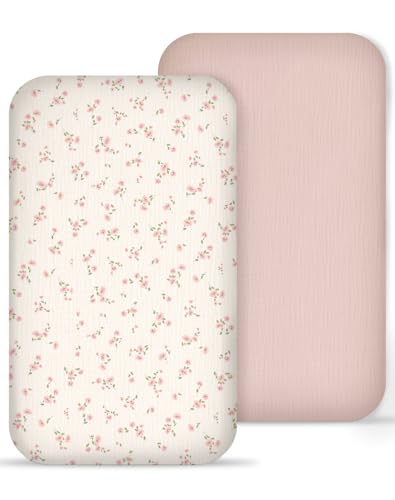 Muslin Bedside Bassinet Sheets 2 Pack, 33x20 Fitted Ultra Soft & Breathable Bedside Sleeper Sheets, Ideal for Baby Girl and Boy, Perfect for Newborns (Rosy)