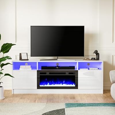 Anystyle Electric Fireplace Entertainment Center for up to 75" TVs - High Gloss Stand with 30" Fireplace, LED Console Table for Living Rooms, White