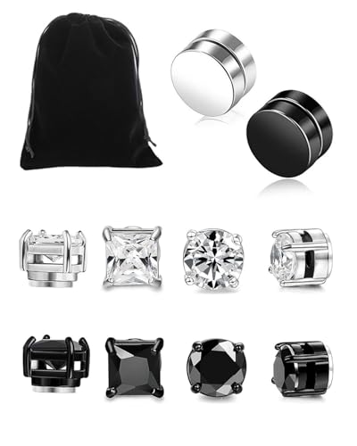 HSIXHAF 6 Pares Inoxidable Pendientes Iman Hombres Mujer Pendientes Magnéticos Sin Agujero Perforacion Circonita Diamante Falso Pendientes Clip Non Piercing