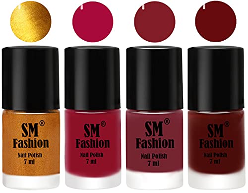 Image of Nail Polish Combo Set (Pack of 4) Quick Dry Gel Finish Nail Paint | Golden,Raspberry,Lip,Wine Red | 7 ml Each