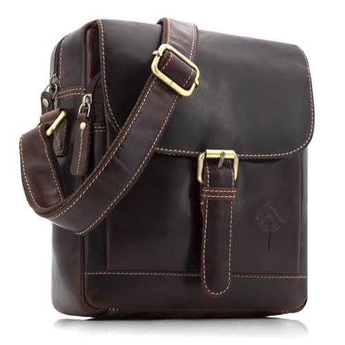 JOREY Elegante Leder Umhängetasche für Herren Kompakte und Funktionale Tasche für den Alltag und Büro (Dunkel-Braun)