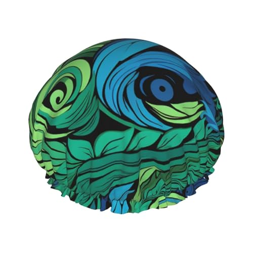 Gorro de ducha con estampado verde y azul para mujer, doble capa, impermeable, elástico, reutilizable, protección para el cabello, gorro de baño para spa, salón de baño, damas
