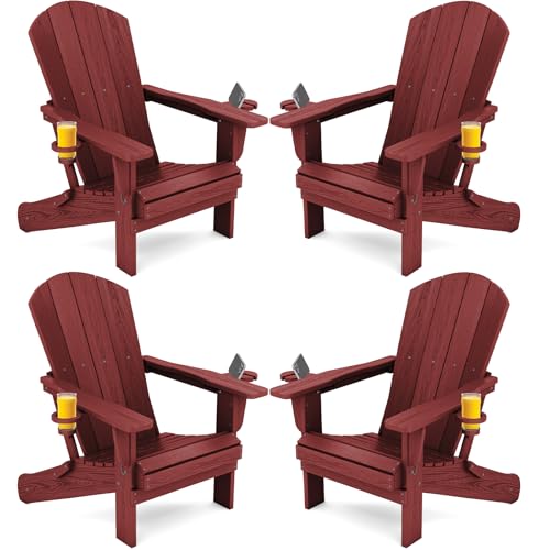 SERWALL Adirondack Chair with Cup Holders - Composite Adirondack Chairs Set of 4 HDPE Outdoor Chairs All Weather Use- Dark Red