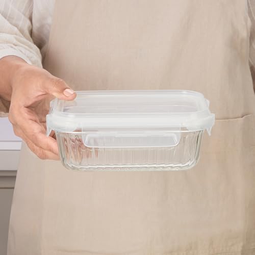 Image of Borosil 640 ml Fluted Klip N Store Rectangle Food Storage Container with Air Tight Glass Lid | Borosilicate Glass Container for Lunchbox | Microwave & Dishwasher Safe | Transparent