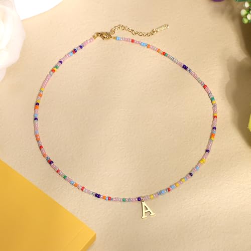 for Women Girls Letter PendantSummer Necklaces, Bohemian Beaded Necklace Colorful Beaded Initial Necklace Handmade Jewelry Gifts for Teens (A)3