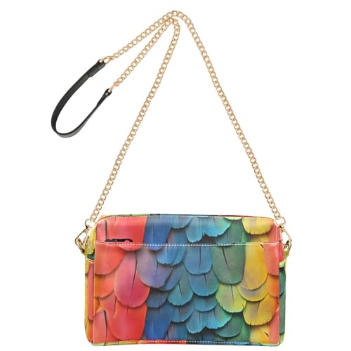Women Crossbody Bag Shoulder Handbag Cellphone Purse PU Leather Metal Chain Strap Water Resistant Zipper Closure Rainbow Feathers Print - Main Image