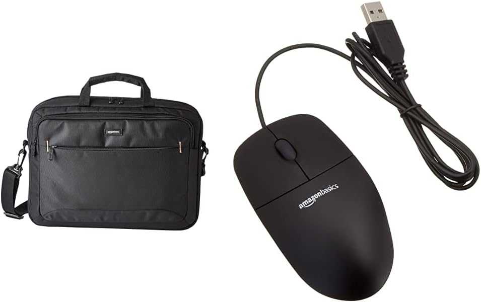 AmazonBasics 15.6-Inch Laptop Computer and Tablet Shoulder Bag Carrying Case, Black, 1-Pack Bundle with AmazonBasics 3-Button USB Wired Computer Mouse (Black), 1-Pack