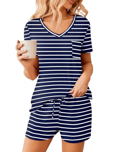 Image of Ekouaer Womens Pajama Sets Short Sleeve Pajamas for Women Sets Soft Lounge Sets Casual V Neck Sleepwear PJS