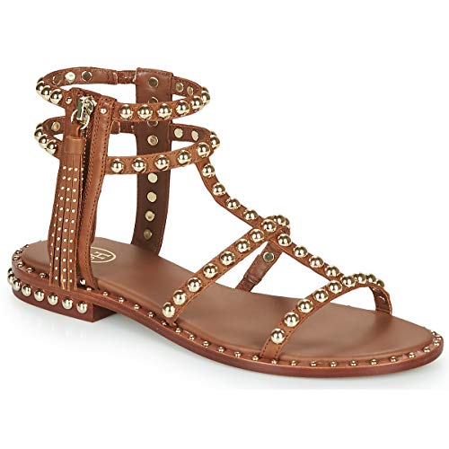 Ash Footwear Power Sandales Plates, Sandales en Cuir Marron, Sandales à Crampons dorés, Sandales pour Femmes 37 Marron
