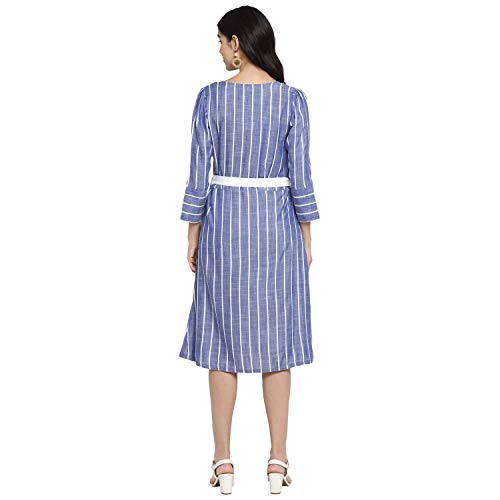 Image of DEEBACO Women's Shift Midi Rayon Printed Striped Dresses for Women 3 /4Th Sleeves V-Neck Straight Dresses for Girls with Belt (Blue)
