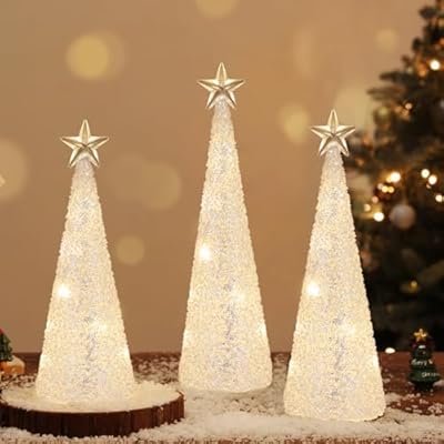 Lewondr LED Glass Christmas Tree Tabletop with Glitters & Beads Warm Yellow Light, 3 PCS 6H Timer Battery Operated Christmas Table Lamps Ornaments for Xmas Table Decorations Holiday Season Decor