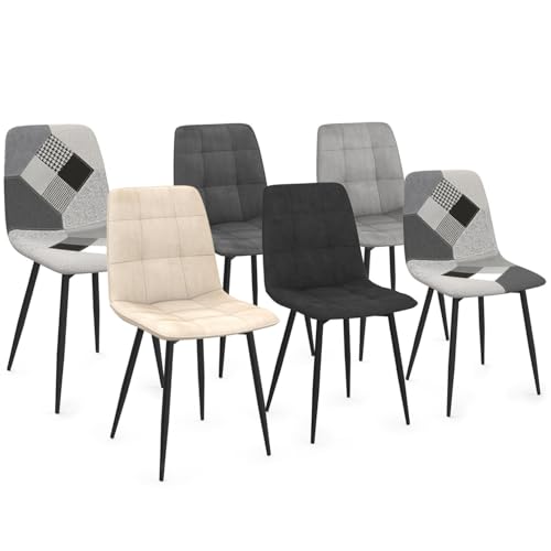 IDMarket - Set di 6 sedie Mila in velluto grigio scuro, grigio chiaro, beige, nero e patchwork nero, grigio e bianco x2 per sala da pranzo