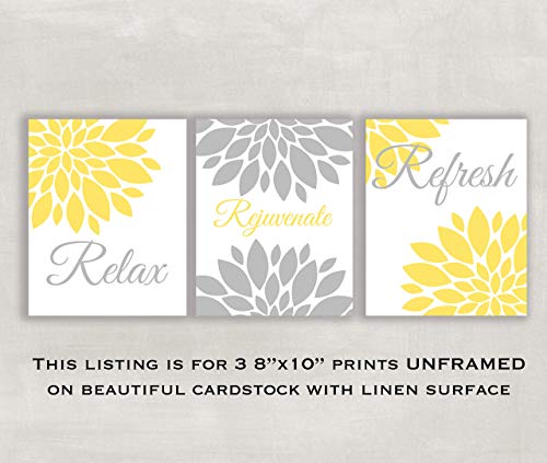 Relax Rejuvenate Refresh Floral Wall Art in Yellow Gray and White Set of