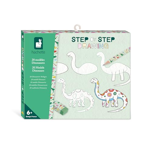Janod - Step by Step Drawing - Aprender a desenhar - 20 modelos de dinossauros - Kit de desenho para crianças - aprendizagem de desenho e concentração - A partir de 6 anos - J09154