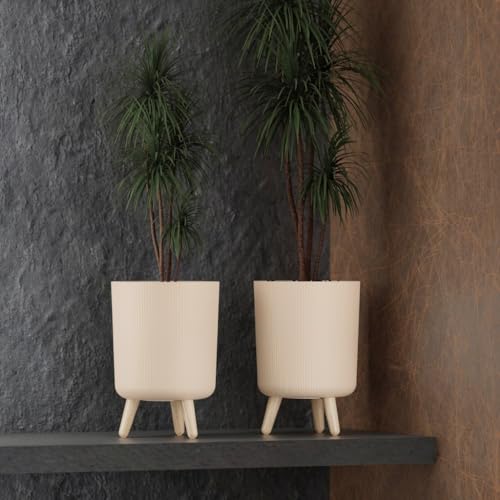 Image of StyleX Store Modern Flower Pot with Plastic Legs | Indoor Outdoor Planter for Home Garden Balcony Decor Ribbed Design Sturdy Plastic Mid-Century Style (Warm Beige Pack of 2)