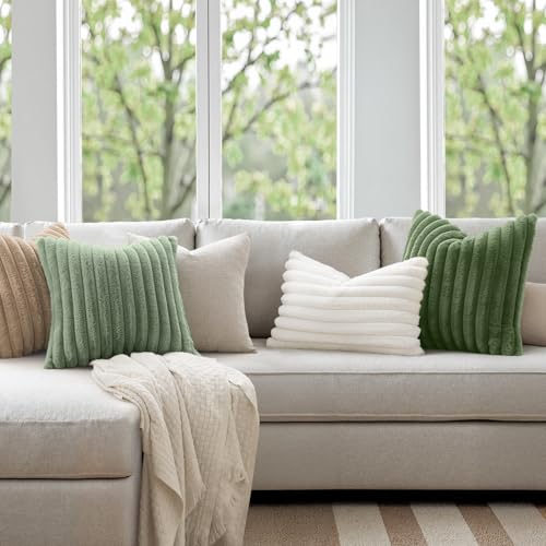 Image of MIULEE Faux Fur Decorative Throw Pillow Covers 18x18 Set of 2 Moss Green | Modern Spring Home Decor Soft Plush Couch Pillows Cozy Fluffy Cushion Covers for Sofa Bed Living Room
