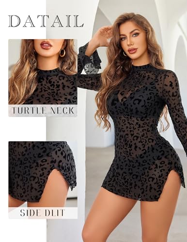 Image of Avidlove Mesh Mini Dresses for Women Bell Sleeves Bodycon Turtle Neck Split Lingerie Dress Vacation Party Outfits Clubwear