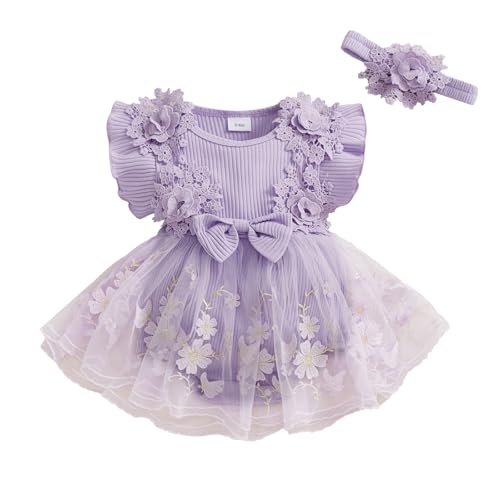 Image of Douhoow Baby Girl Romper Dress Baby Dress Romper Flowers Lace Infant Girl Spring Summer Clothes with Headband