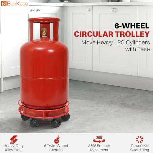 Image of Bonkaso 6-Wheel LPG Cylinder Trolley for Kitchen Gas Cylinder, Heavy-Duty Alloy Steel Stand with 360 Swivel PP Casters, 50 kg Load Capacity, Powder-Coated Red Finish for Home & Commercial Use
