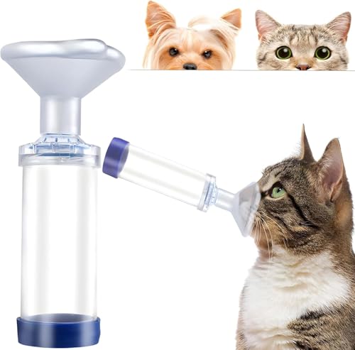 OXFUZZ Câmara transparente para gatos e cães, sistema de entrega de medicamentos veterinários com detalhes azuis, espaçador de inalador de mão para animais de estimação com máscara,