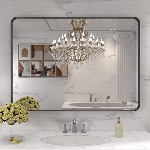 Loaao 40X32 Inch Black Metal Framed Bathroom Mirror For Wall, Matte Black Bathroom Vanity Mirror Farmhouse, Large Rounded Rectangle Mirror, Anti-Rust, Tempered Glass, Hangs Horizontally Or Vertically #TOP4