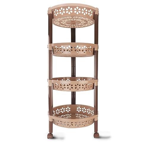 Nayasa Candy Round Trolley 4 Layers | Kitchen Organizer | Vegetable Stand for Kitchen | Vegetable Basket for Onion, Potato |Vegetable Trolley with Wheel | 38 X 28 X 79 cm | Dark Brown