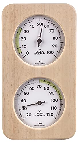 TFA Dostmann Sauna-Thermo-Hygrometer Haar-Synthetik, hitzebeständig, aus Massivholz, L 131 x B 34 x H 240 mm (Oslo (Abachi))