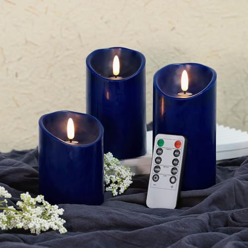 Image of Navy Blue Flameless Candles with Remote Timer, Real Wax LED Candles Flickering, 3D Wick Fake Candles Candles Battery Operated for Home Living Room Wedding Party Gifts, Navy Blue Decor, Set of 3