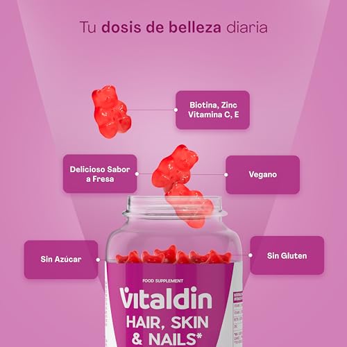 VITALDIN Gummies para Pelo, Piel y Uñas – Con 2500 μg de Biotina - Ayuda al Cuidado del Cabello – Con Zinc y Vitaminas C y E – Vegano – Sin Azúcar - Sin Gluten - 60 Gummies - 1 mes –Sabor Fresa - imagen 2