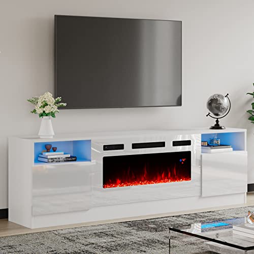 Image of AMERLIFE TV Stand with Fireplace, LED Light Entertainment Center with 36 inch Electric Fireplace, 70 inch Modern Wood Entertainment Stand with Highlight Storage Cabinet for TVs up to 80 inch, White