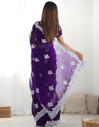Image of SIRIL Women's Shimmer Chiffon Sequence Embroidery Saree With Unstitched Blouse Piece for Wedding and Parties