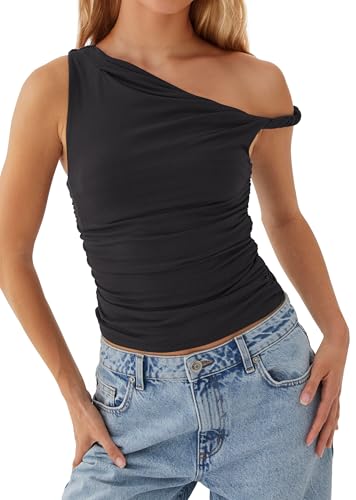 Ythomm Women One Shoulder Ruched Crop Tank Tops Casual Off The Shoulder Twist Strap Summer Tanks Tops Going Out Crop Shirts