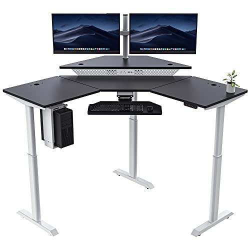 Image of VERSADESK 60 inch x 60 inch Electric L-Shaped Corner Standing Desk, Commercial Grade Height Adjustable Sit Stand Workstation, Ergonomic Computer Desk for Home Office, White Frame, Black Surface