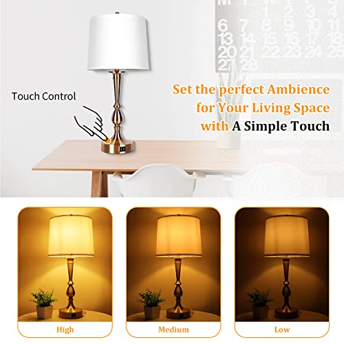 Set Of 2 Bedside Lamps With Usb Charging Ports And Outlets, Touch Control Bedroom Lamps 3-Way Dimmable With White Lampshade, Mid Century End Table Lamps For Living Room/Bedroom( 2 Led Bulbs Included) #TOP3
