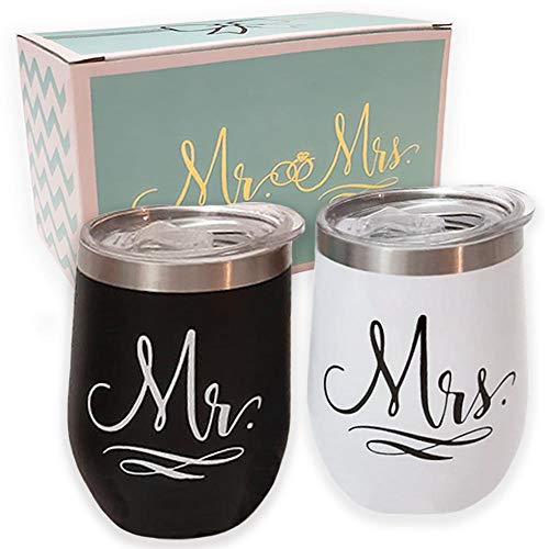 Mr and Mrs Wedding Gift Box Set for Bride & Groom or Newlyweds Couples -Two 12 oz Stainless Steel Wine Tumbler w/Lid & Straw | Bridal Shower/ Bride to be/ Engagement/Bachelorette Party Supplies Decor