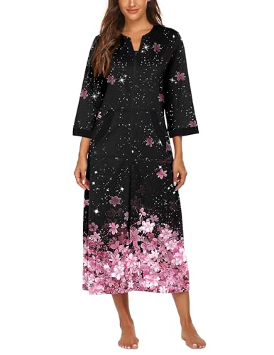 Image of Ekouaer Women Zipper Robe 3 /4 Sleeves Loungewear Dress Full Length Sleepwear Pockets Housecoat Nightgown Long Bathrobe