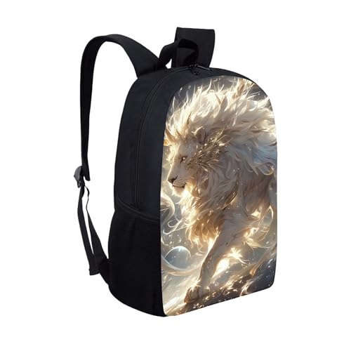 Classic Ethereal Lion Backpack with Elastic Side Pockets Sturdy School Bookbag for Boys Girls Novelty Print 17 Inch Large Capacity Student Backpack White3