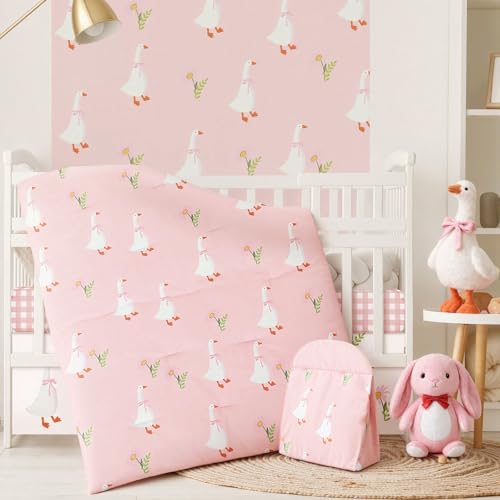 Image of Oudain 4 Piece Goose Crib Bedding Set Including Goose Crib Skirt, Blanket, Sheet and Diaper Stacker, Soft Neutral Nursery Standard Size Baby Bedding for Baby Girls and Boys