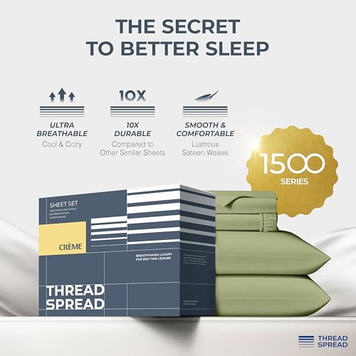 Image of THREAD SPREAD 100% Egyptian Cotton Sheets California King Size - 1500 Series Cal King Sheets Egyptian Cotton (4 PC, Sage Green), Silky Soft, Sateen Weave, Cooling & Breathable, 17 inch Deep Pocket Bed Set