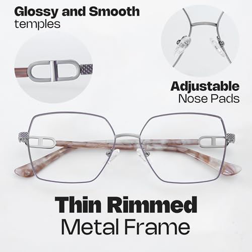 Image of Zeelool Metal Glasses Frame for Women, Oversized Square Eyeglasses Eyewear Frame with Non-prescription Clear Lens & Spring Hinge ZJGM374867-02