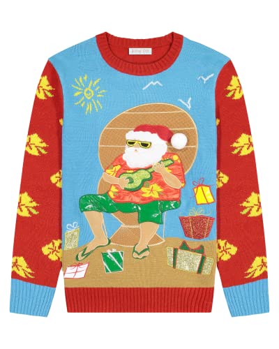 Holiday Hype Men's Festive Ugly Christmas Holiday Party Pull Over Sweater, Ukelele Beach Santa , X-Large #TOP2