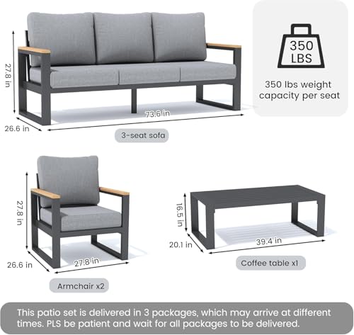 Image of Sundale Outdoor Aluminum Patio Furniture Set, 4 Piece Outdoor Conversation Sets with Coffee Table and 6 inch Thick Olefin Cushions, All Weather Outdoor Sectional Set for Deck, Lawn, Yard (Grey)