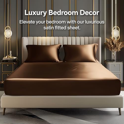 BEDELITE Satin Fitted Sheet and Pillowcases Set, Luxury Soft Similar to Silk Bottom Bedsheet with Elastic Corner Straps, Deep Pocket up to 15 Inch, 1 Fitted Sheet and 2 Pillowcases(King, Brown)