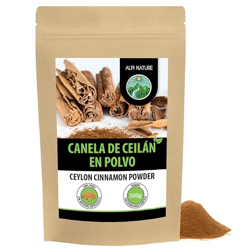 Alpi Nature Canela de Ceilán en Polvo 500g, Palitos de Canela de Ceilán Molidos en Polvo