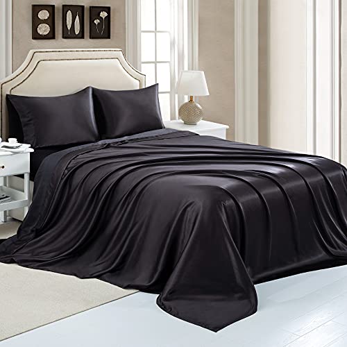 Satin Flat Sheet Only, Queen Flat Sheet, 1 - Piece Black Top Sheet, Extra Soft Silk Flat Bed Sheets Sold Separately Queen - Black #TOP1