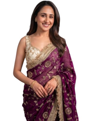 Image of 'Women's Space Sattin Bits Sequence Work Saree With Contrast Running Blouse | Embroidered Work Saree with Golden Floral Thread Work & Designer Border | Party Wedding Saree