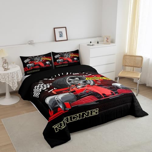 Image of Feelyou Kids Race Car Bedding Set Queen Size, Red Racing Car Duvet Insert Karting Road Comforter Set Boys Girls Teens Bedroom Decor 3Pcs