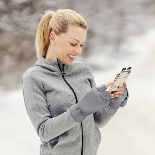 OZERO Winter Gloves for Men Women: Fingerless Convertible Mittens with Flap Warm Thermal Polar Fleece,Touch Screen Work Running Driving Cycling Womens Mens Gloves Winter in Cold Weather Gray S